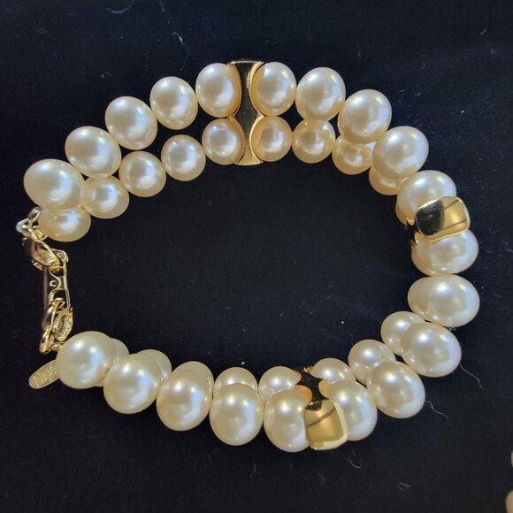 Vintage Napier Gold-Toned Faux Pearl Double Strand Necklace Bracelet Earring Set - Picture 3 of 16